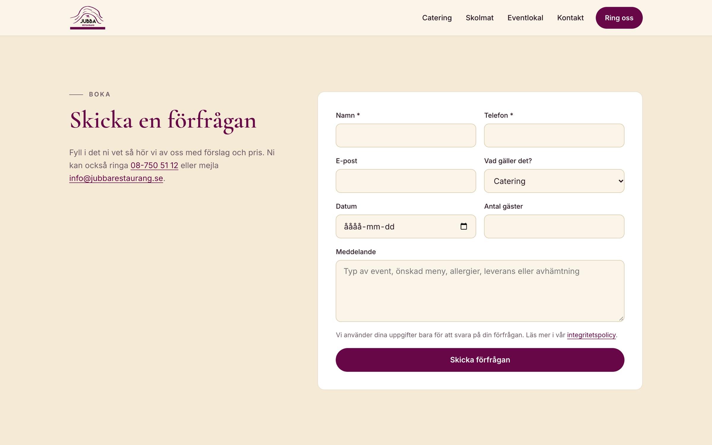 Enquiry form with fields for name, phone, type of request, date and number of guests