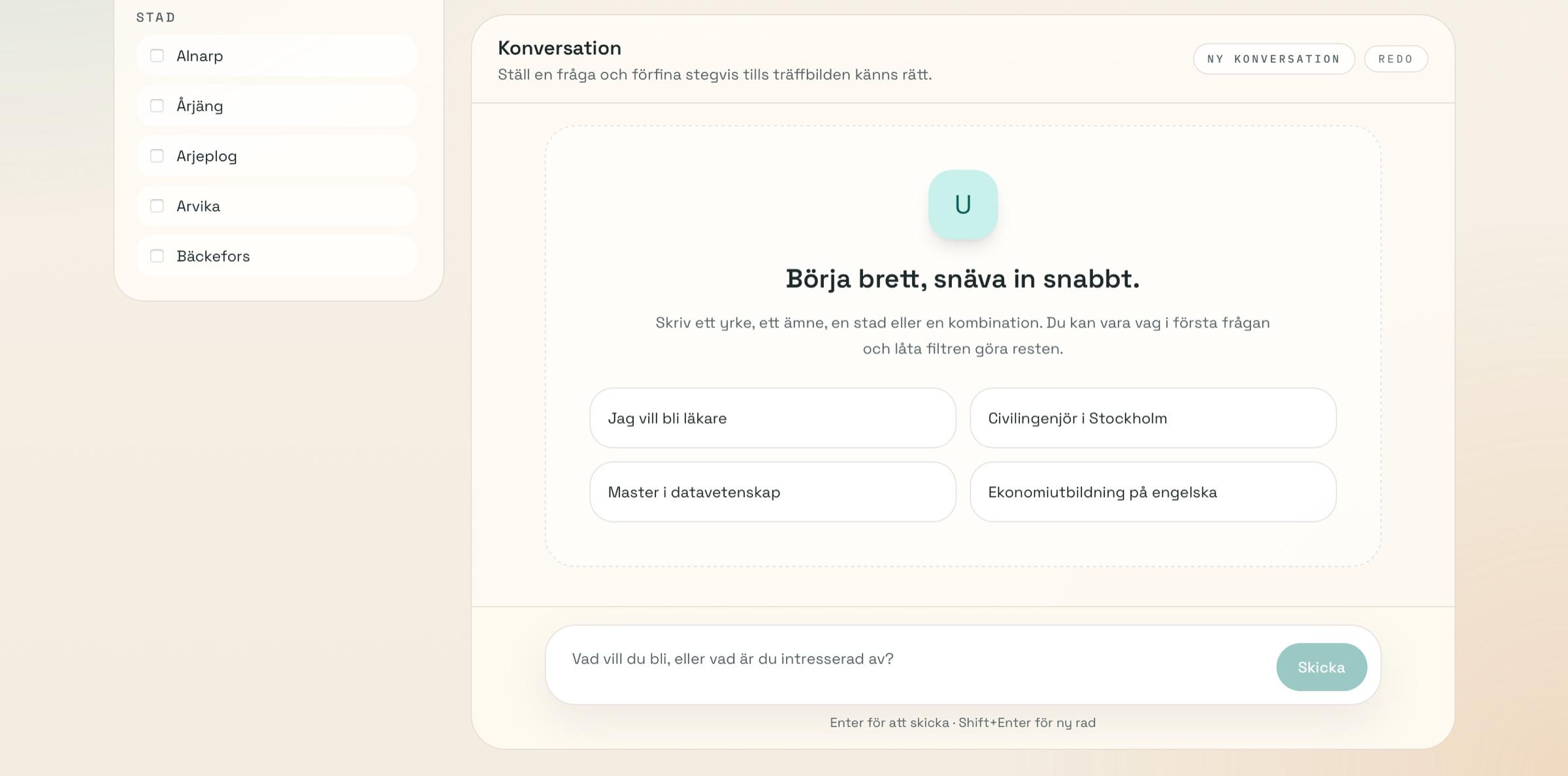 Conversation view with suggested starting questions and a city filter